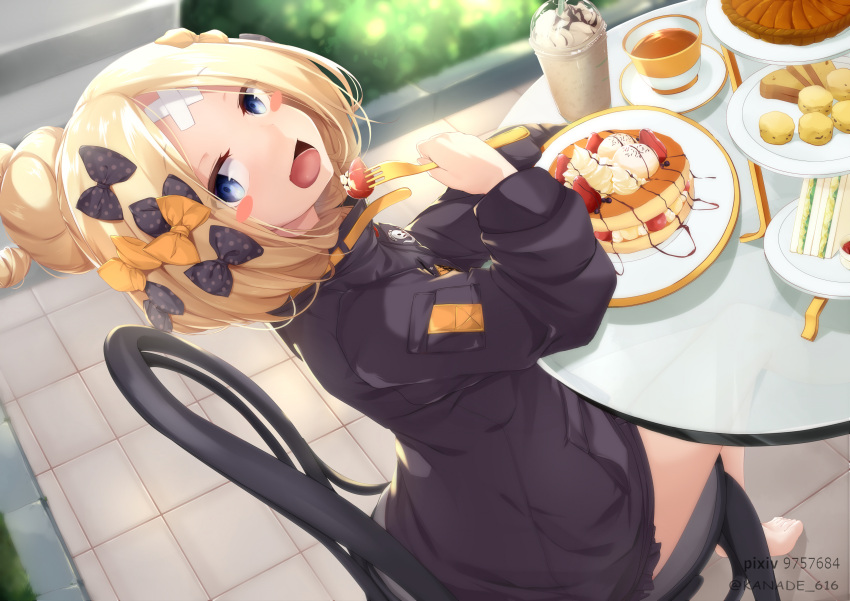 1girl :d abigail_williams_(fate/grand_order) absurdres bangs barefoot black_bow black_jacket blonde_hair blue_eyes blurry blurry_background blush_stickers bow chair crossed_bandaids cup depth_of_field disposable_cup fate/grand_order fate_(series) food fork hair_bow hair_bun hand_up head_tilt heroic_spirit_traveling_outfit highres holding holding_fork jacket kana616 long_hair long_sleeves looking_at_viewer looking_to_the_side on_chair open_mouth orange_bow pancake parted_bangs plate polka_dot polka_dot_bow sandwich sitting sleeves_past_fingers sleeves_past_wrists smile solo stack_of_pancakes stuffed_animal stuffed_toy table tea teacup teddy_bear tiered_tray twitter_username