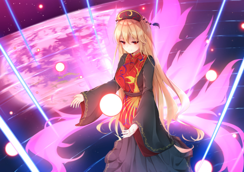 1girl aura bangs black_dress black_sash blonde_hair blush breasts chinese_commentary commentary_request danmaku dress eyebrows_visible_through_hair feet_out_of_frame hair_between_eyes headdress highres junko_(touhou) large_breasts long_hair long_sleeves looking_at_viewer red_eyes sash smile solo space tabard tassel touhou umou_(may65879) very_long_hair wide_sleeves