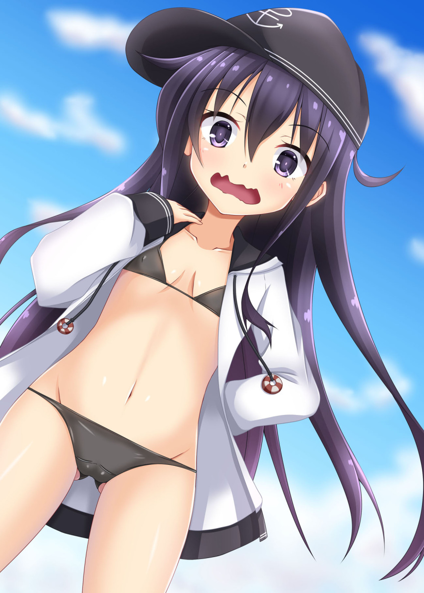 1girl akatsuki_(kantai_collection) anchor anchor_symbol ass_visible_through_thighs bikini black_bikini black_swimsuit blush clouds cloudy_sky collarbone cosplay covered_navel cowboy_shot embarrassed eyebrows_visible_through_hair flat_cap flat_chest hair_between_eyes hat highres hood hooded_jacket ichininmae_no_lady jacket kantai_collection long_hair long_sleeves looking_at_viewer messy_hair open_clothes open_jacket open_mouth outdoors purple_hair sky smile solo standing swimsuit swimsuit_under_clothes violet_eyes wavy_mouth white_jacket yukikaze_(kantai_collection) yukikaze_(kantai_collection)_(cosplay) yuuki_miyabi