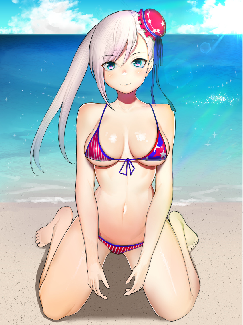 1girl absurdres american_flag_bikini asymmetrical_hair bad_id bangs beach bikini blue_eyes blush breasts bun_cover collarbone commentary_request day eyebrows_visible_through_hair fate/grand_order fate_(series) flag_print gatchan hair_bun highres huge_filesize large_breasts long_hair looking_at_viewer miyamoto_musashi_(fate/grand_order) miyamoto_musashi_(swimsuit_berserker)_(fate) navel ocean outdoors pink_hair smile solo swept_bangs swimsuit