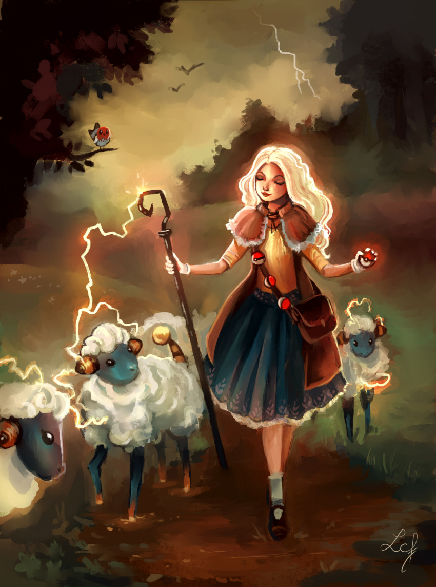 1girl absurdres blonde_hair blue_skirt camille_fourcade closed_eyes commentary creature electricity english_commentary fletchling gen_2_pokemon gen_6_pokemon highres long_hair mareep outdoors poke_ball pokemon pokemon_(creature) red_lipstick satchel sheep shoes signature thunder walking wand