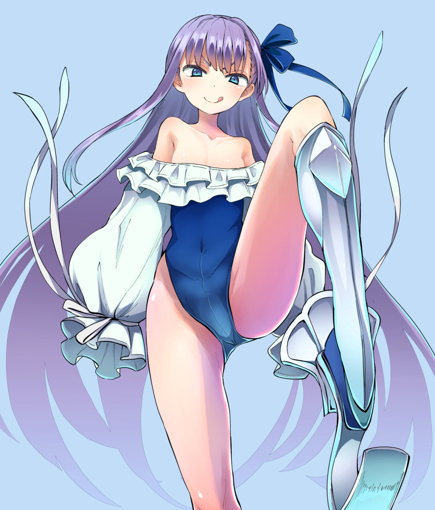 1girl bangs blue_background blue_bow blue_eyes blue_swimsuit bow collarbone commentary_request covered_navel fate/grand_order fate_(series) hair_bow hair_ribbon highleg highleg_swimsuit highres licking_lips long_hair long_sleeves looking_at_viewer meltryllis_(swimsuit_lancer)_(fate) miyao_ryuu puffy_long_sleeves puffy_sleeves purple_hair ribbon simple_background sleeves_past_fingers sleeves_past_wrists solo strapless strapless_swimsuit swimsuit tongue tongue_out very_long_hair white_background