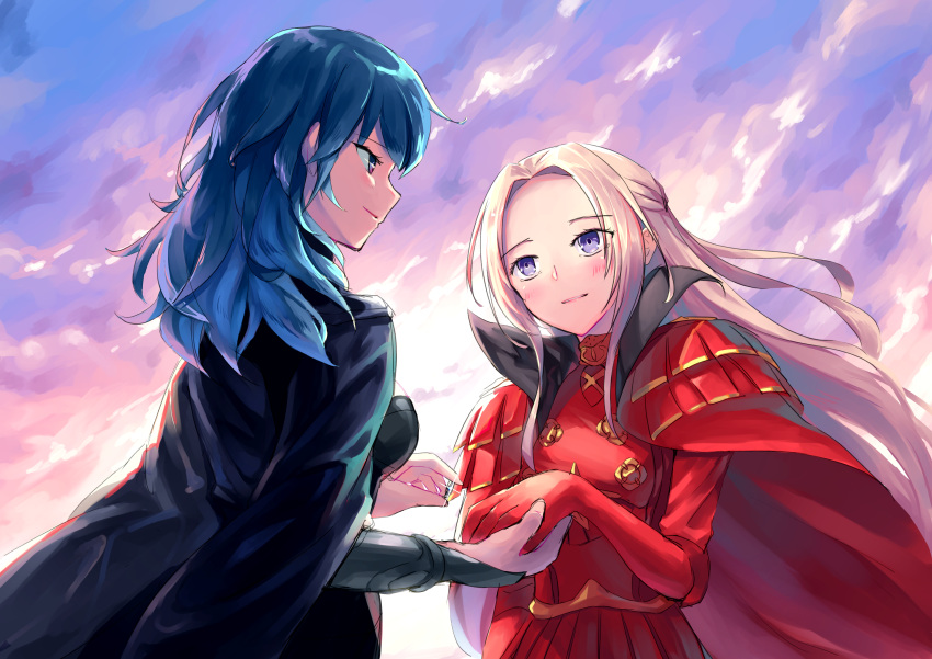 2girls absurdres blonde_hair blue_eyes blue_hair boukensha_c byleth_(fire_emblem) byleth_eisner_(female) edelgard_von_hresvelg fire_emblem fire_emblem:_three_houses gloves hair_ornament hair_ribbon highres long_hair multiple_girls older pantyhose ribbon simple_background sky smile spoilers uniform yuri