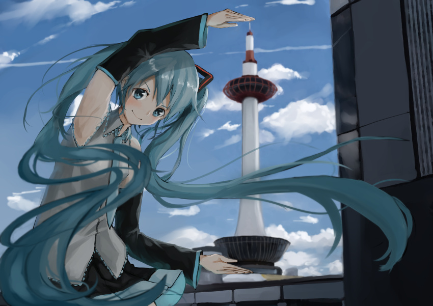 1girl 73suke absurdres aqua_eyes aqua_hair aqua_neckwear arm_up bare_shoulders black_skirt blue_sky blush building clouds cloudy_sky commentary day detached_sleeves doyagao forced_perspective grey_shirt hair_ornament hatsune_miku highres holding kyoto kyoto_tower long_hair looking_at_viewer necktie outdoors pose shirt skirt sky sleeveless sleeveless_shirt smile smug solo twintails upper_body v-shaped_eyebrows very_long_hair vocaloid