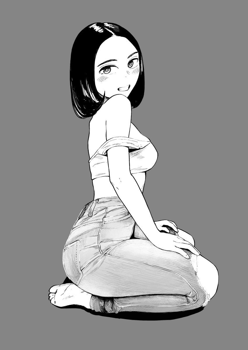 1girl absurdres bare_shoulders black_hair breasts denim foreshortening full_body greyscale hands_on_own_thighs highres jeans looking_at_viewer medium_breasts medium_hair monochrome pants pocket simple_background sitting smile solo takaya123456 wariza