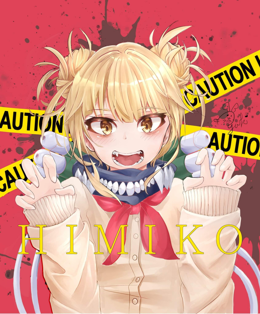 1girl bangs blonde_hair blunt_bangs blush boku_no_hero_academia brown_eyes caution_tape character_name double_bun fangs hands_up highres looking_at_viewer mu_xue open_mouth red_background school_uniform smile solo toga_himiko yellow_eyes