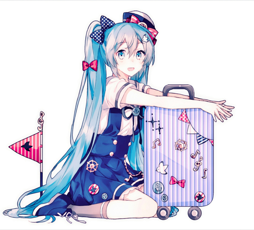 1girl anchor_print badge beamed_eighth_notes bird blue_eyes blue_footwear blue_hair blue_skirt bow double-breasted eighth_note flag gocoli hair_bow hat hat_bow hatsune_miku highres long_hair looking_at_viewer luggage musical_note polka_dot polka_dot_bow red_bow sailor_collar ship's_wheel shirt shoes short_sleeves sitting skirt smile sneakers socks solo sticker striped suspender_skirt suspenders treble_clef twintails very_long_hair vocaloid wariza white_shirt