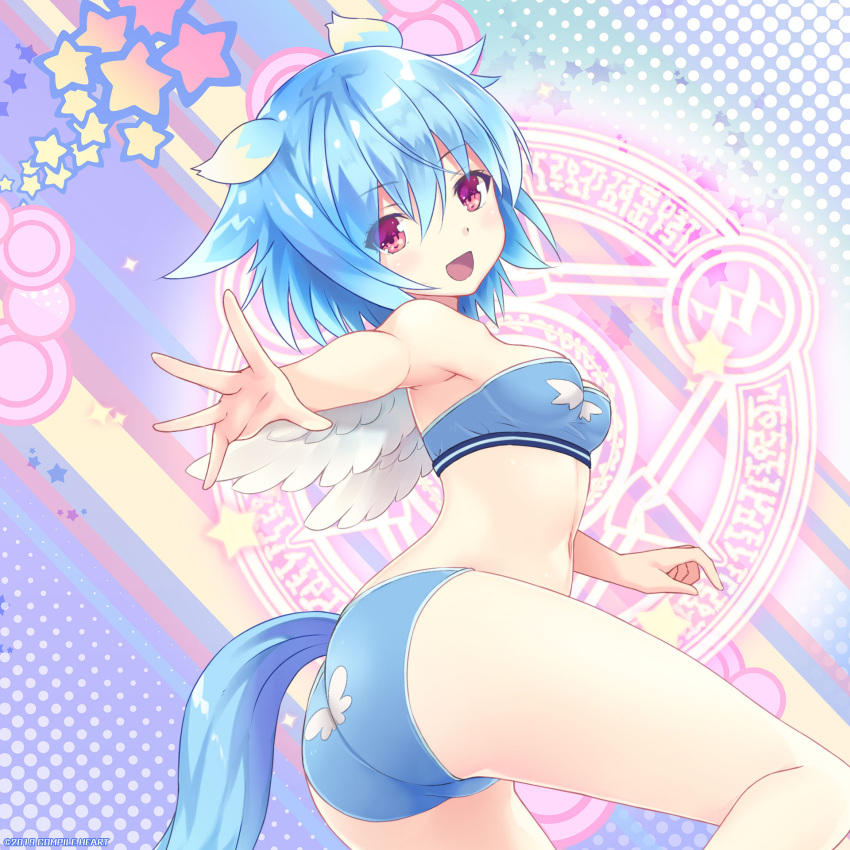 1girl angel_wings animal_ears ass bangs bare_shoulders blue_bra blue_hair blue_panties bra breasts dog_ears highres looking_at_viewer looking_to_the_side medium_breasts moero_crystal navel official_art open_mouth outstretched_arm panties pink_eyes short_hair solo strapless strapless_bra tail underwear underwear_only wings