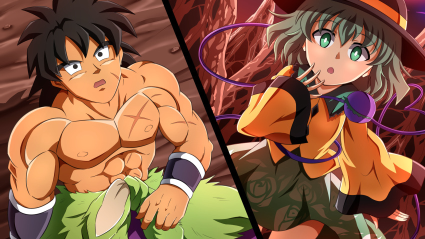 1boy 1girl :o black_eyes black_hair black_headwear broly_(dragon_ball_super) commentary_request crossover dragon_ball dragon_ball_super dragon_ball_super_broly facial_scar floral_print frilled_sleeves frills green_eyes green_hair green_skirt hat heart heart_of_string highres komeiji_koishi muscle ohoho open_mouth scar scar_on_cheek shirtless skirt third_eye touhou vambraces wide_sleeves