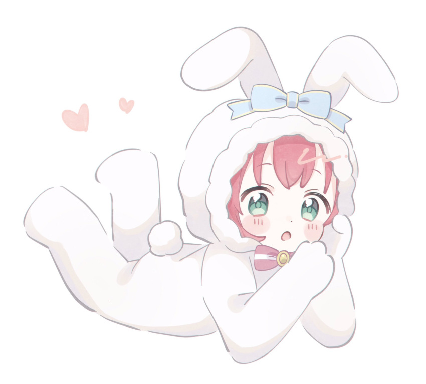 1girl :o animal_costume animal_ears animal_hood bangs blue_bow blush blush_stickers bow bowtie bunny_costume bunny_hood bunny_tail feet_up green_eyes hair_bow heart highres hood hood_up kurosawa_ruby love_live! love_live!_sunshine!! lying on_stomach pink_neckwear rabbit_ears redhead simple_background solo tail white_background yashino_84