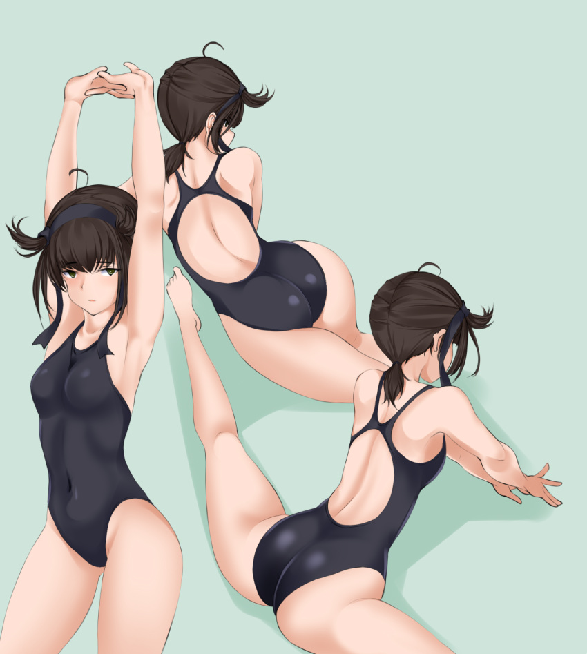 1girl alternate_costume armpits arms_up ass black_swimsuit blue_background breasts brown_hair competition_swimsuit covered_navel hachimaki hair_flaps hatsuzuki_(kantai_collection) headband highleg highleg_swimsuit highres kantai_collection low_ponytail nn_tasu one-piece_swimsuit short_hair short_ponytail simple_background small_breasts split stretch swimsuit yellow_eyes