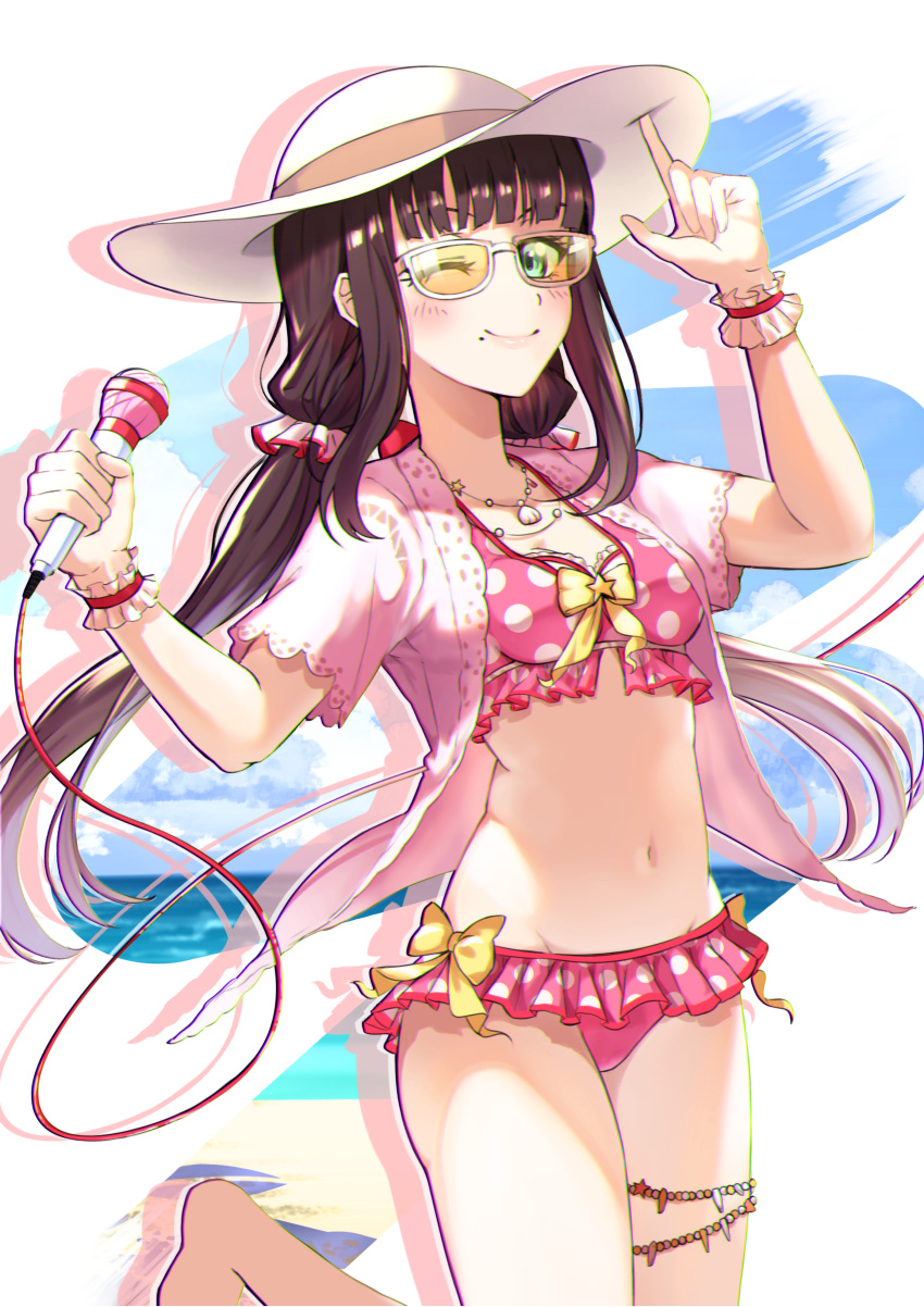 1girl ;) absurdres arm_up bikini blush breasts brown_hair closed_mouth commentary_request day drop_shadow frilled_bikini frills green_eyes groin hat highres holding holding_microphone horizon index_finger_raised jacket kurosawa_dia long_hair love_live! love_live!_sunshine!! low_twintails medium_breasts microphone mole mole_under_eye navel ocean one_eye_closed open_clothes open_jacket pink_bikini polka_dot polka_dot_bikini shaka_(staito0515) short_sleeves smile solo standing standing_on_one_leg sun_hat sunglasses swimsuit twintails very_long_hair white-framed_eyewear white_headwear white_jacket wrist_cuffs