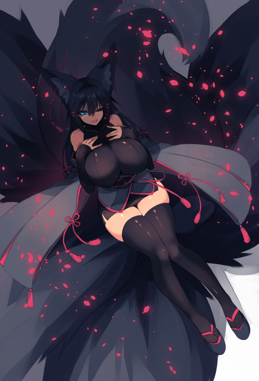 1girl absurdres animal_ears bare_shoulders black_hair blue_eyes breasts dutch_angle fox_ears fox_girl fox_tail full_body grey_background hair_ornament hairclip hands_on_own_chest highres huge_breasts long_hair one_eye_closed open_mouth original petals sitting skindentation solo sub-res tail thigh-highs thigh_gap