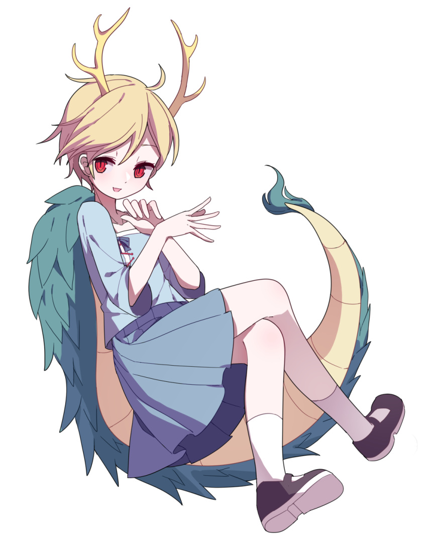 1girl antlers black_footwear blonde_hair blue_shirt blue_skirt collarbone commentary_request crossed_legs dragon_girl dragon_tail full_body gla highres kicchou_yachie looking_at_viewer mary_janes open_mouth pleated_skirt red_eyes shirt shoe_soles shoes short_hair simple_background skirt smile socks solo tail touhou white_background white_legwear