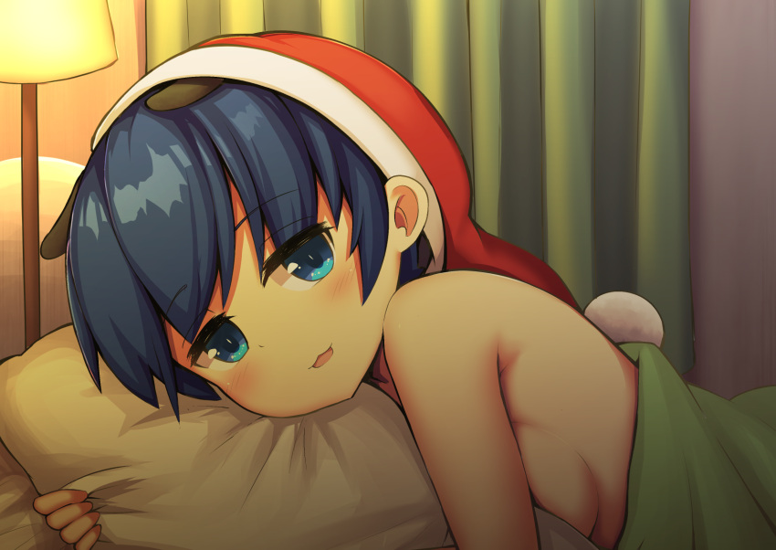 bare_shoulders blanket blue_eyes blush breasts curtains doremy_sweet hat highres indoors lamp legacy_of_lunatic_kingdom looking_at_viewer lying nightcap on_bed on_side pillow pillow_grab pom_pom_(clothes) red_headwear saisoku_no_yukkuri short_hair sideboob small_breasts smile touhou