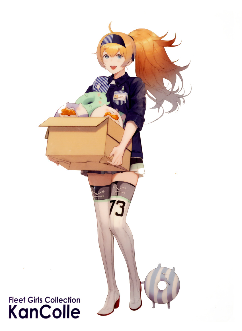 1girl artist_request blonde_hair blue_eyes boots box breasts cardboard_box carrying collared_shirt employee_uniform enemy_lifebuoy_(kantai_collection) food gambier_bay_(kantai_collection) hair_between_eyes hairband highres kantai_collection large_breasts lawson long_hair open_mouth pleated_skirt ponytail shirt short_sleeves skirt thigh-highs thigh_boots twintails uniform