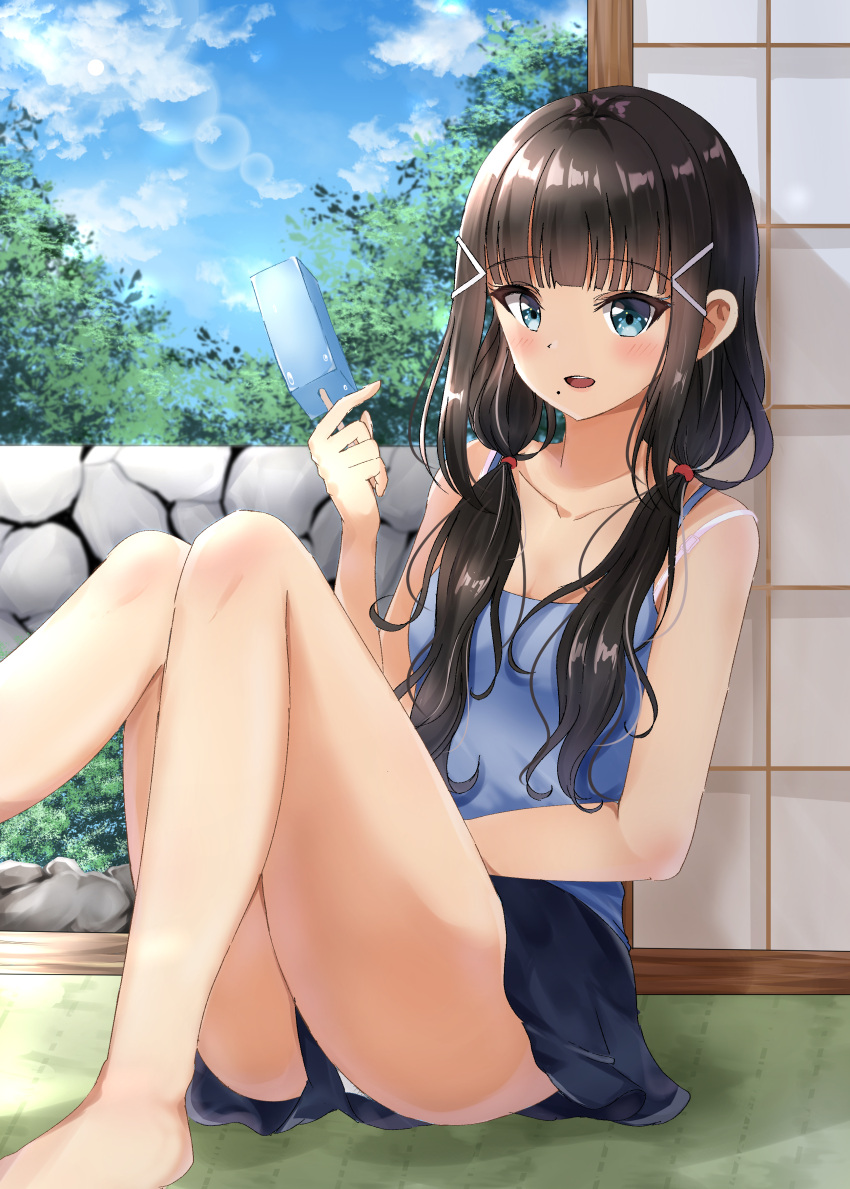 1girl :d absurdres bangs bare_arms bare_shoulders barefoot black_hair blue_camisole blue_shorts blue_sky breasts camisole clouds commentary_request day eyebrows_visible_through_hair food hair_ornament hair_over_shoulder hairclip highres holding holding_food knees_up kurosawa_dia long_hair looking_at_viewer love_live! love_live!_sunshine!! low_twintails mole mole_under_mouth open_mouth panties popsicle short_shorts shorts sin_(sin52y) sitting sky small_breasts smile solo summer twintails underwear upper_teeth very_long_hair white_panties