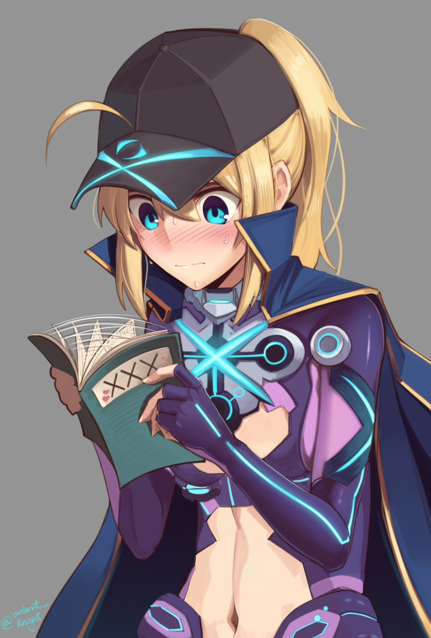 1girl ahoge artoria_pendragon_(all) baseball_cap black_headwear blonde_hair blue_eyes blue_jacket blush boa_(brianoa) breasts cleavage_cutout fate/grand_order fate_(series) grey_background hair_through_headwear hat highres jacket manga_(object) mysterious_heroine_x navel navel_cutout nose_blush ponytail reading simple_background small_breasts solo sweat twitter_username upper_body