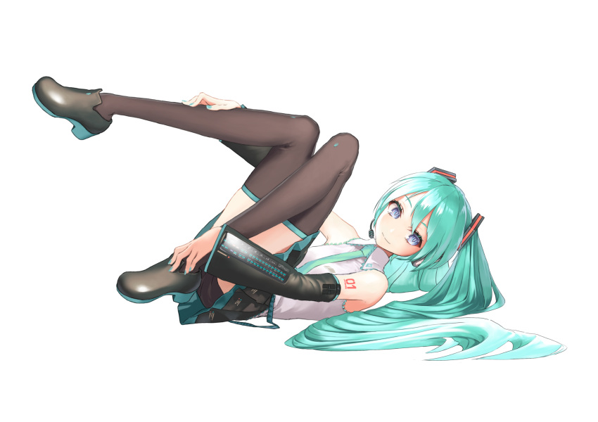 1girl aqua_hair black_footwear black_skirt black_sleeves blue_eyes blue_nails blue_neckwear boots closed_mouth collared_shirt detached_sleeves frilled_shirt frills from_side full_body hair_between_eyes hand_on_leg hatsune_miku headset highres long_hair long_sleeves looking_at_viewer lying microphone miniskirt nail_polish necktie number on_back pleated_skirt rsk_(tbhono) shiny shiny_hair shirt simple_background skirt sleeveless sleeveless_shirt smile solo tattoo thigh-highs thigh_boots twintails very_long_hair vocaloid white_background white_shirt wing_collar zettai_ryouiki