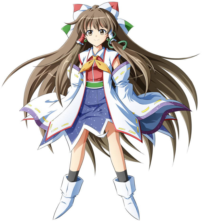 1girl ascot blue_skirt boots brown_eyes brown_hair detached_sleeves dragon_ball dragon_ball_z earrings full_body fusion hair_ornament hair_ribbon hair_tubes hakurei_reimu highres jewelry kochiya_sanae long_hair ohoho parody potara_earrings ribbon ribbon_trim skirt sleeves_past_fingers sleeves_past_wrists smile snake_hair_ornament solo tachi-e touhou transparent_background very_long_hair white_footwear