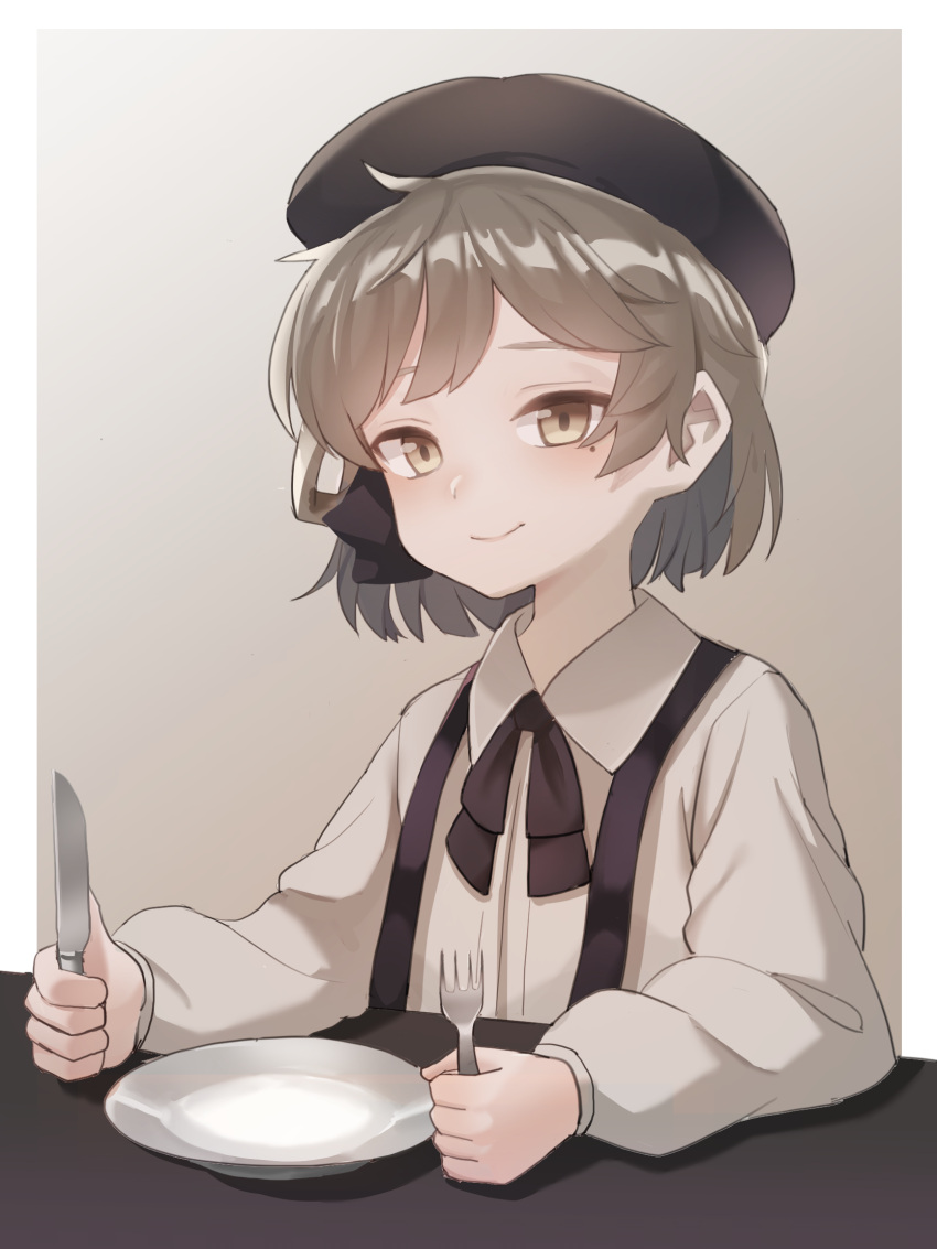 1girl bangs beret black_headwear brown_eyes brown_hair commentary_request fork hat hatoba_tsugu hatoba_tsugu_(character) highres holding holding_fork holding_knife knife long_sleeves looking_at_viewer mole mole_under_eye planetarium_(platinumstars) plate shirt short_hair smile solo suspenders virtual_youtuber white_shirt