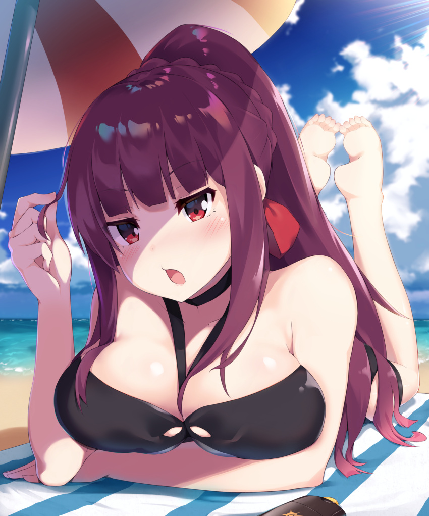 1girl :o bangs bare_arms bare_shoulders barefoot bikini black_bikini blush braid breasts bushinofuji clouds commentary_request day eyebrows_visible_through_hair girls_frontline hair_ribbon highres large_breasts long_hair looking_at_viewer lying ocean on_stomach outdoors ponytail purple_hair red_eyes ribbon solo striped_towel swimsuit towel umbrella very_long_hair wa2000_(girls_frontline)