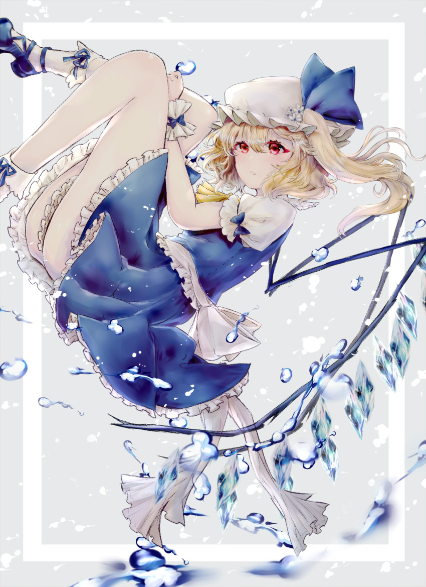 1girl alternate_color ascot ass blonde_hair blue_bow blue_footwear blue_ribbon blue_skirt blue_vest border bow collared_shirt commentary eyes_visible_through_hair feet_out_of_frame fetal_position flandre_scarlet flower frilled_legwear frilled_shirt_collar frilled_skirt frilled_sleeves frills gem grey_background hair_between_eyes hair_ribbon hand_on_thigh hat high_heels highres knees knees_up light_blush mary_janes medium_skirt mob_cap outside_border parted_lips petticoat puffy_short_sleeves puffy_sleeves red_eyes red_sclera ribbon shiny shiny_hair shiny_skin shirt shoes short_hair short_sleeves side_ponytail skirt skirt_set socks solo touhou vest water_drop white_border white_flower white_headwear white_legwear white_shirt wings wrist_cuffs yellow_neckwear yuma_(yuuma_pants)