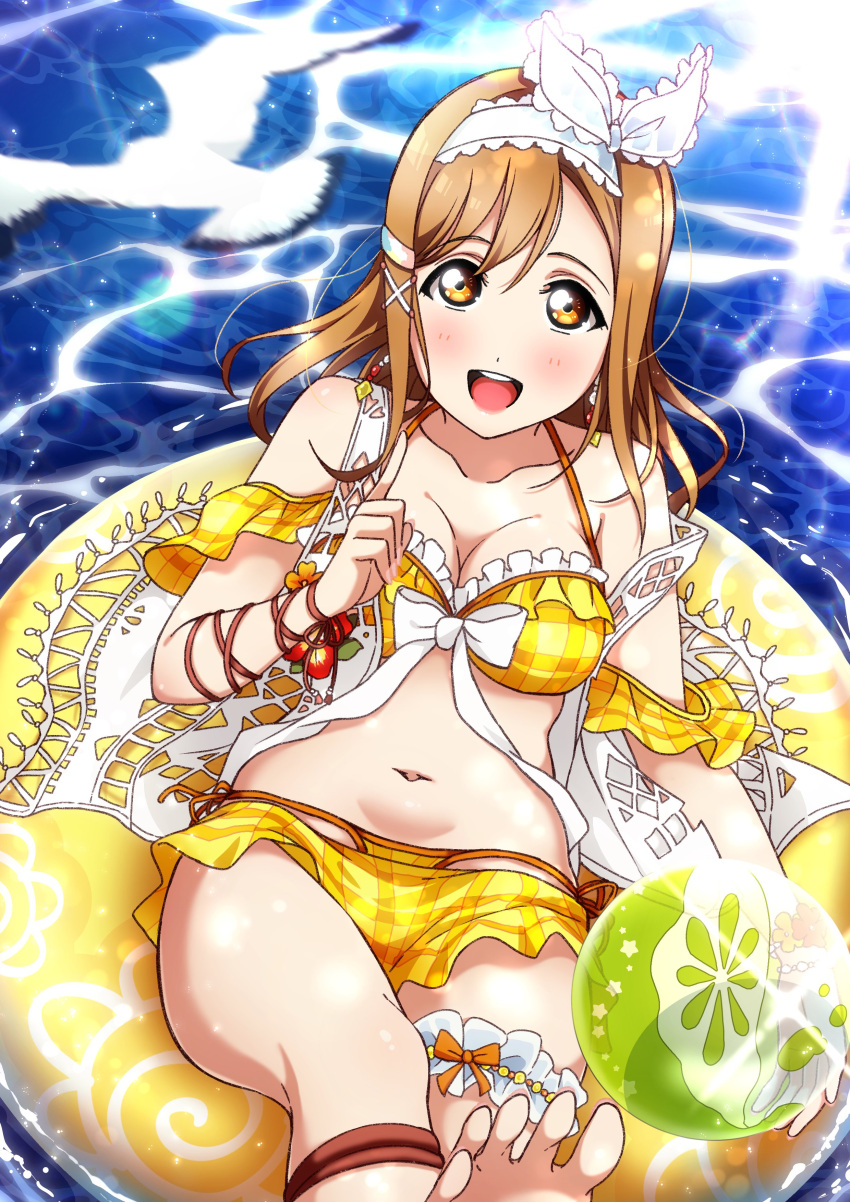 1girl absurdres bikini bikini_bottom bikini_top blue_sky bracelet breasts brown_hair earrings eyebrows_visible_through_hair hair_ornament hair_ribbon hairclip highres jewelry kougi_hiroshi kunikida_hanamaru large_breasts long_hair looking_at_viewer love_live! love_live!_school_idol_festival love_live!_sunshine!! navel ocean one_side_up open_mouth ribbon sky smile solo swimsuit white_ribbon x_hair_ornament yellow_bikini yellow_eyes