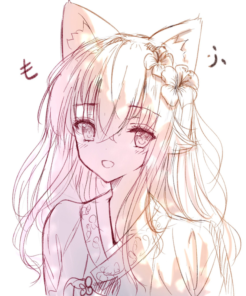 1girl :d animal_ear_fluff animal_ears bangs blush commentary eyebrows_visible_through_hair flower hair_between_eyes hair_flaps hair_flower hair_ornament highres japanese_clothes kimono long_hair looking_at_viewer monochrome open_mouth original simple_background sketch smile solo tandohark translation_request upper_body white_background