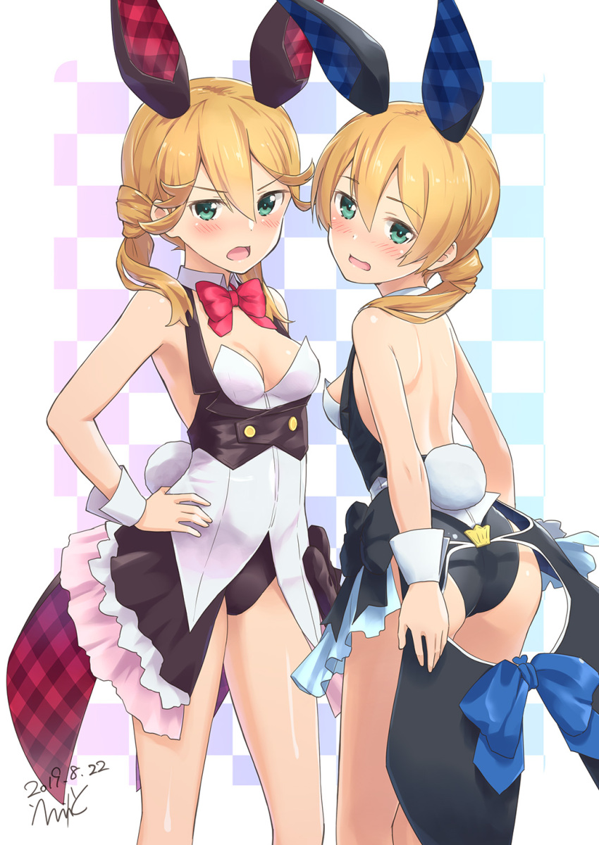 2girls alice_gear_aegis animal_ears ass bangs bare_legs blonde_hair blush breasts bunny_girl bunny_tail bunnysuit dated errant eyebrows_visible_through_hair fake_animal_ears green_eyes hair_between_eyes hand_on_hip highres kotomura_akane kotomura_amane leotard looking_at_viewer looking_back multiple_girls open_mouth rabbit_ears signature small_breasts standing tail wrist_cuffs