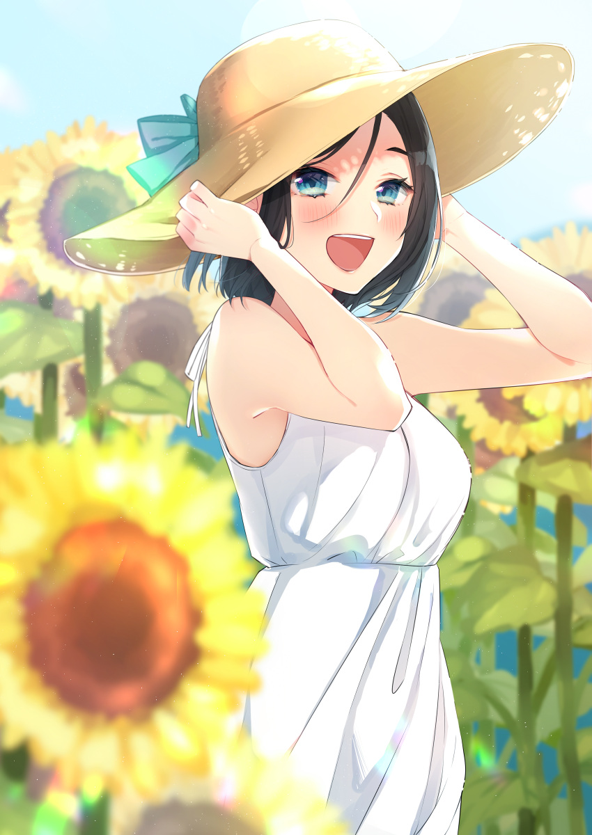 1girl :d absurdres arms_up black_hair blue_eyes blue_ribbon blurry blush chiyomaru_(yumichiyo0606) day depth_of_field dress flower hat hat_ribbon highres leaf lens_flare looking_at_viewer open_mouth original outdoors ribbon short_hair smile solo standing summer sun_hat sundress sunflower sunflower_petals white_dress