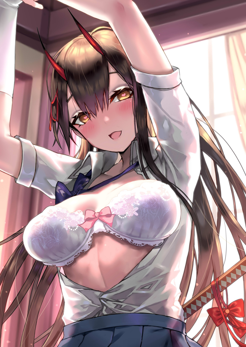 1girl :d absurdres against_wall arms_up azur_lane black_hair blue_neckwear blue_skirt blush bow bowtie bra breasts collared_shirt commentary_request denchu_(kazudentyu) elbow_gloves floating_hair gloves hair_between_eyes hair_ornament heart heart-shaped_pupils highres indoors katana large_breasts leaning_forward long_hair looking_at_viewer loose_bowtie oni_horns open_clothes open_mouth open_shirt pleated_skirt red_bow red_ribbon ribbon school_uniform shirt short_sleeves single_glove skirt smile solo suzuya_(azur_lane) sword symbol-shaped_pupils underwear vrykolakas weapon white_bra white_gloves white_shirt window yellow_eyes