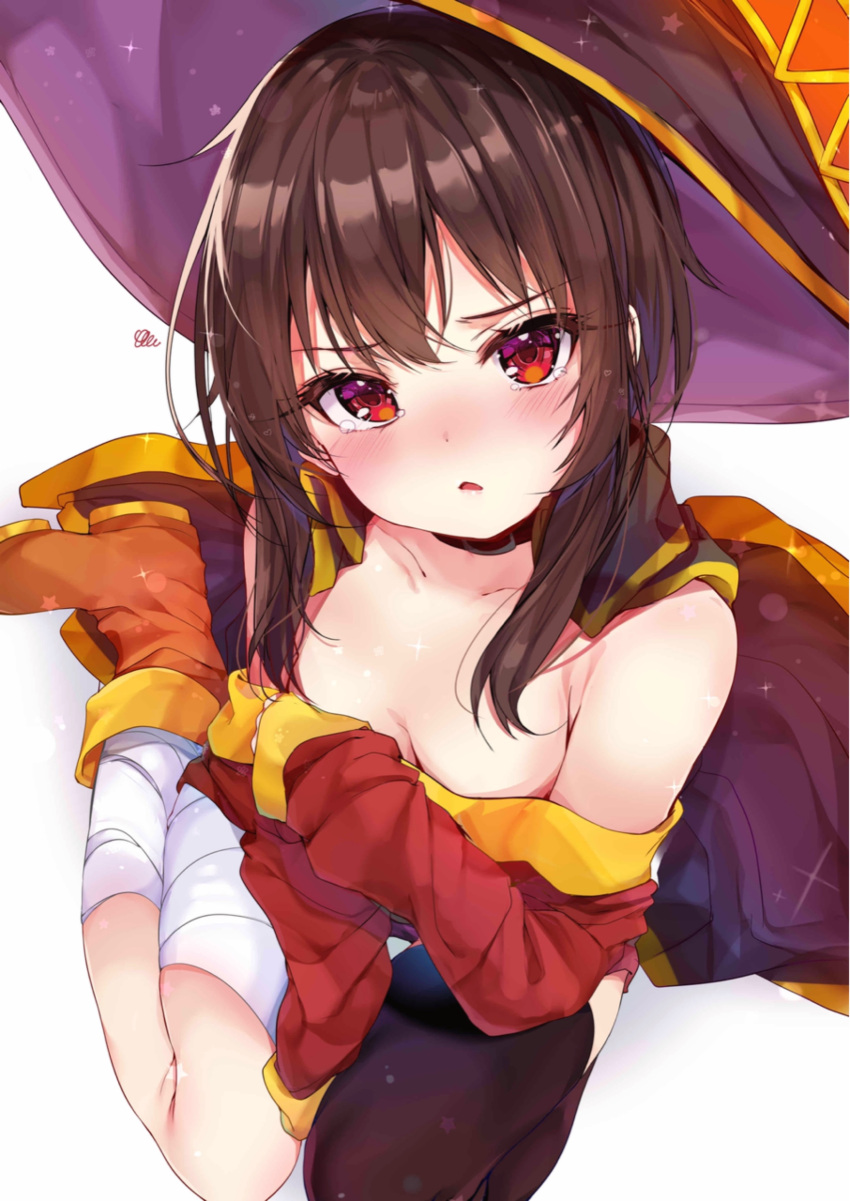 1girl absurdres bandaged_leg bandages bangs bare_shoulders black_collar black_legwear blush breasts brown_footwear brown_hair cape cape_removed collar collarbone commentary_request dress from_above hat highres kono_subarashii_sekai_ni_shukufuku_wo! looking_at_viewer megumin open_mouth red_dress red_eyes rouka_(akatyann) short_hair single_thighhigh small_breasts solo tearing_up thigh-highs witch_hat