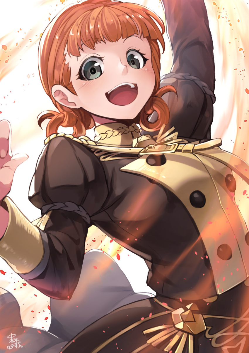 1girl annette_fantine_dominique arm_up clenched_hand fire_emblem fire_emblem:_three_houses grey_eyes highres nakabayashi_zun open_mouth orange_hair petals short_hair skirt twintails white_background