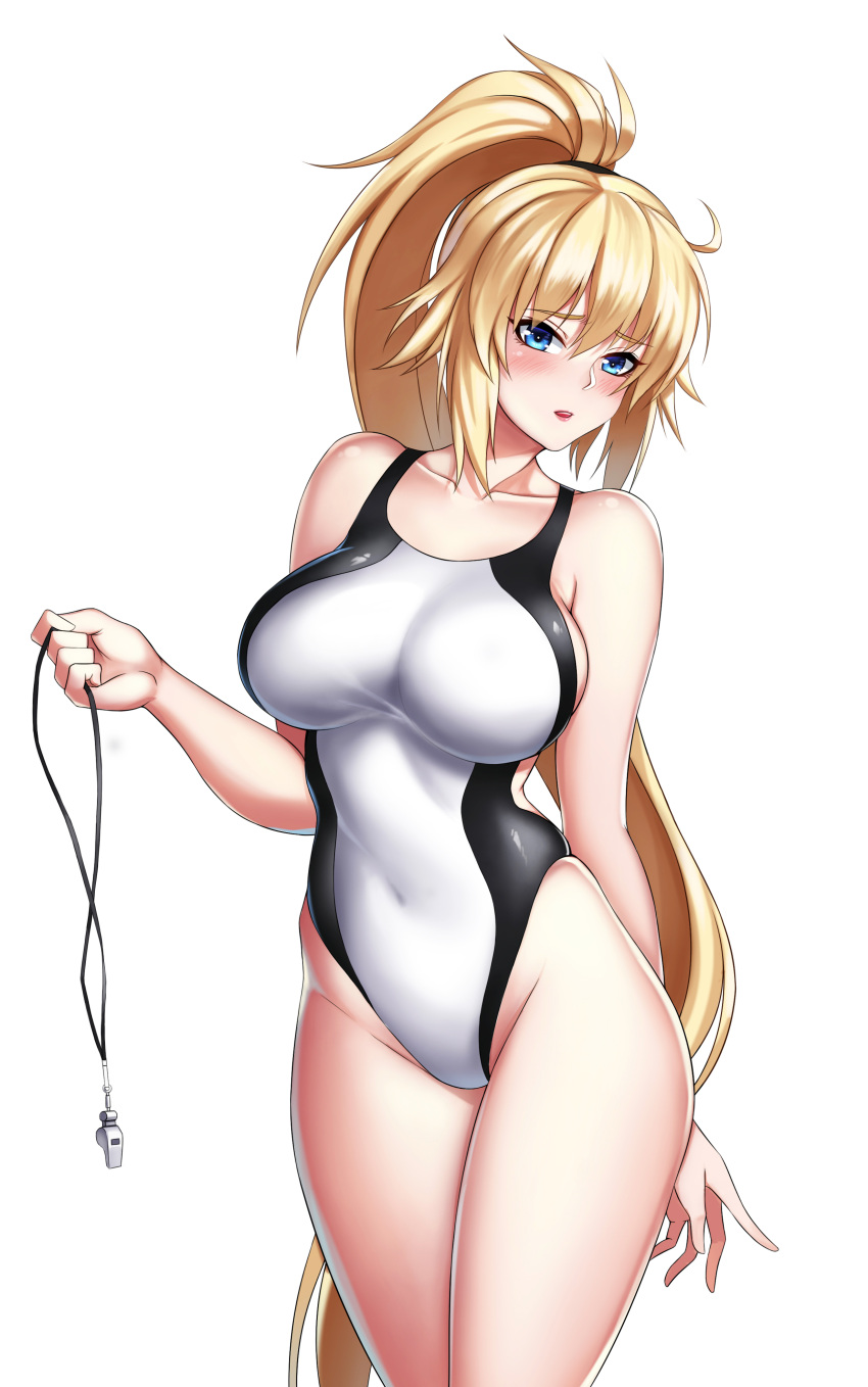 1girl absurdres bangs blue_eyes blush breasts collarbone competition_swimsuit covered_navel cowboy_shot eyebrows_visible_through_hair fate/grand_order fate_(series) high_ponytail highres jeanne_d'arc_(fate)_(all) jeanne_d'arc_(swimsuit_archer) large_breasts long_hair looking_at_viewer one-piece_swimsuit open_mouth ponytail simple_background skindentation solo swimsuit very_long_hair whistle white_background white_swimsuit xiao_gen