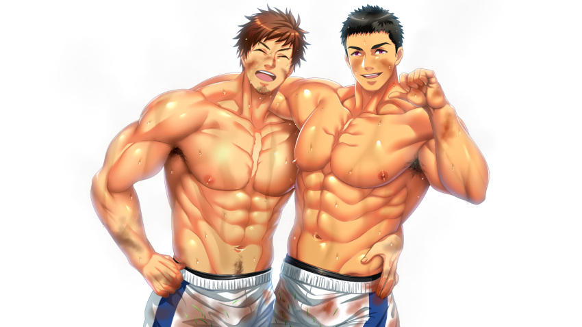 2boys armpit_hair bara black_hair body_hair brown_hair closed_eyes dirty dirty_clothes dirty_face facial_hair feet_out_of_frame hand_on_hip hifumi_(3b_x) looking_at_viewer male_focus multiple_boys muscle nipples original pectorals rugby rugby_uniform short_hair shorts simple_background smile spiky_hair sportswear sweat teeth tongue violet_eyes white_background