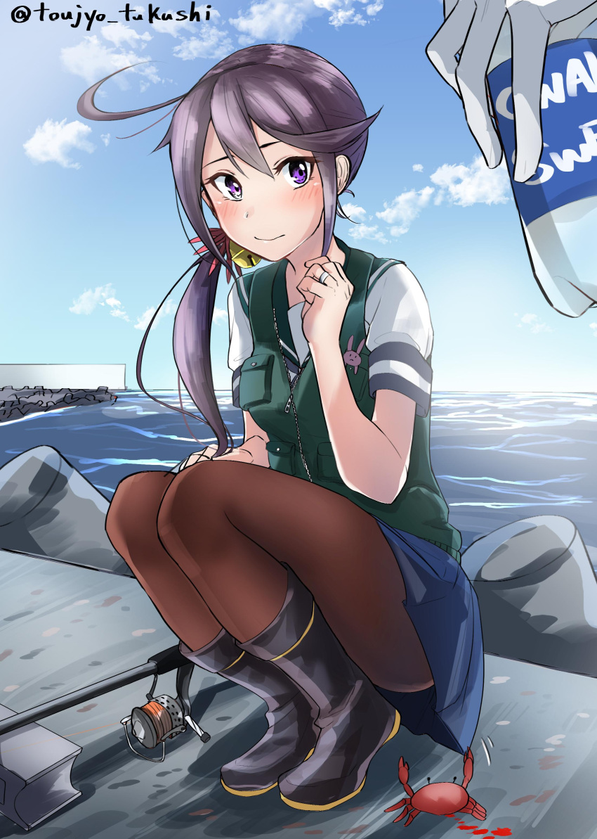 1girl 1other absurdres akebono_(kantai_collection) bell black_legwear blue_skirt blue_sky bottle clouds commentary_request crab day dock fishing_rod flower full_body grey_vest hair_bell hair_flower hair_ornament highres jingle_bell kantai_collection long_hair outdoors pantyhose pleated_skirt purple_hair school_uniform serafuku short_sleeves side_ponytail skirt sky squatting tetrapod toujo_tsukushi very_long_hair vest violet_eyes