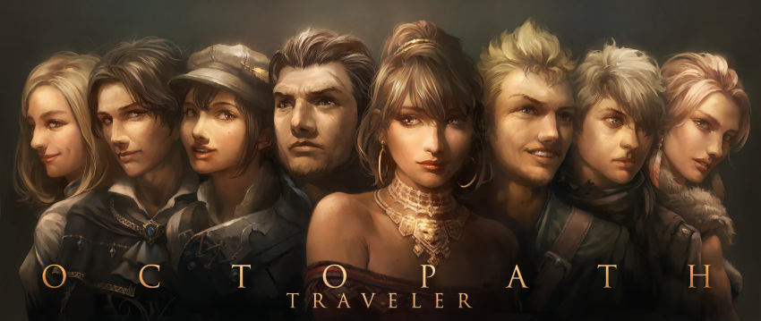 4boys 4girls alfyn_(octopath_traveler) bare_shoulders belt black_hair black_headwear blonde_hair brooch brown_eyes copyright_name cravat cyrus_(octopath_traveler) earrings everyone feather_earrings grey_background grey_eyes h'aanit_(octopath_traveler) hat highres hoop_earrings htanjo jewelry lipstick long_hair looking_at_viewer makeup mole mole_under_eye multicolored_hair multiple_boys multiple_girls necklace octopath_traveler olberic_eisenberg ophilia_(octopath_traveler) parted_lips pink_hair ponytail primrose_azelhart realistic scar short_hair simple_background smile streaked_hair therion_(octopath_traveler) tressa_(octopath_traveler) white_hair white_neckwear