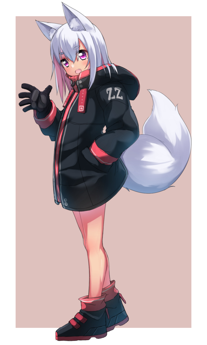 1girl :d animal_ear_fluff animal_ears bangs black_footwear black_gloves black_jacket blush brown_background commentary_request eyebrows_visible_through_hair fang full_body gloves hair_between_eyes hand_up highres hood hood_down hooded_jacket jacket long_sleeves looking_at_viewer minowa_sukyaru multicolored_hair open_mouth original pink_hair shoes silver_hair smile solo standing tail tail_raised thick_eyebrows two-tone_background two-tone_hair violet_eyes white_background