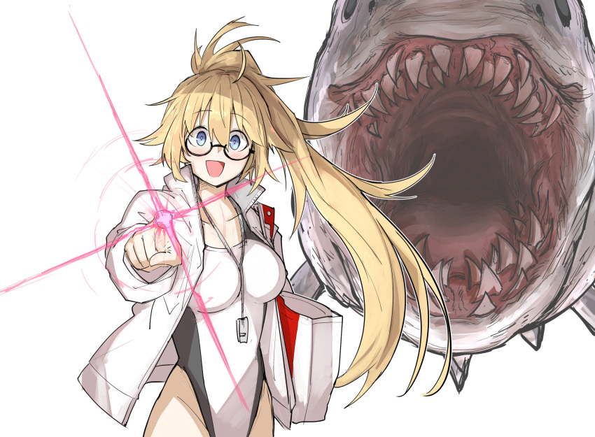 1girl absurdres blonde_hair blue_eyes fangs fate/grand_order fate_(series) glasses glowing_finger highres jacket jeanne_d'arc_(fate)_(all) jeanne_d'arc_(swimsuit_archer) kan_(aaaaari35) one-piece_swimsuit open_mouth pointing ponytail shark swimsuit whistle whistle_around_neck