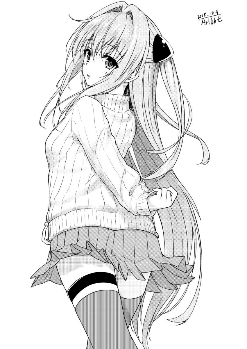 1girl 2018 arm_behind_back bangs dated eyebrows_visible_through_hair floating_hair greyscale hair_between_eyes hair_intakes hair_ornament highres konjiki_no_yami long_hair long_sleeves looking_at_viewer miniskirt monochrome open_mouth pleated_skirt ribbed_sweater signature simple_background skirt solo standing sweater thigh-highs thigh_strap to_love-ru traveler_(artbbt) very_long_hair white_background zettai_ryouiki