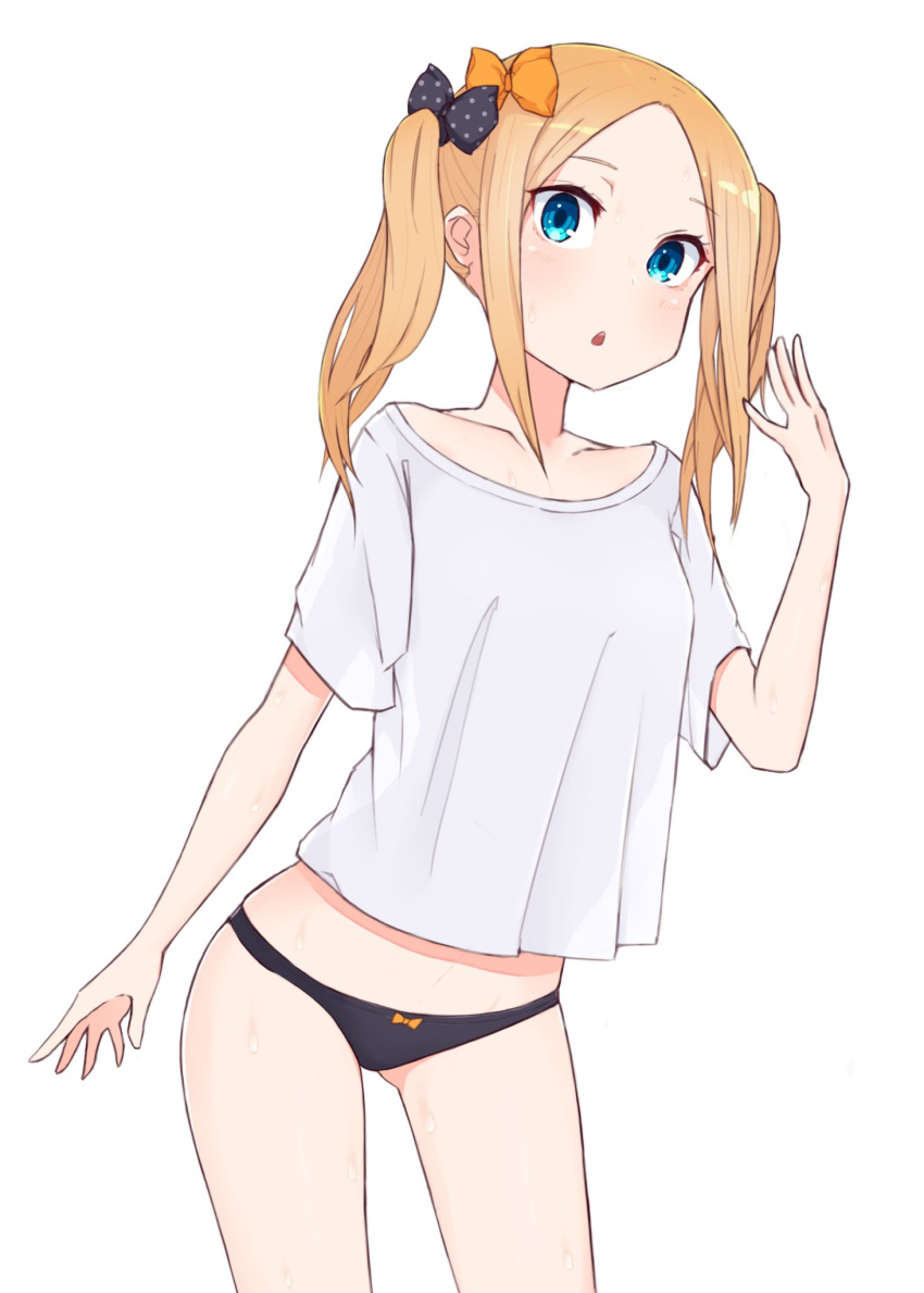 1girl abigail_williams_(fate/grand_order) bangs black_panties blonde_hair blue_eyes blush bow breasts collarbone fate/grand_order fate_(series) hair_bow highres kopaka_(karda_nui) long_hair looking_at_viewer open_mouth panties parted_bangs shirt simple_background solo sweat t-shirt twintails underwear white_background