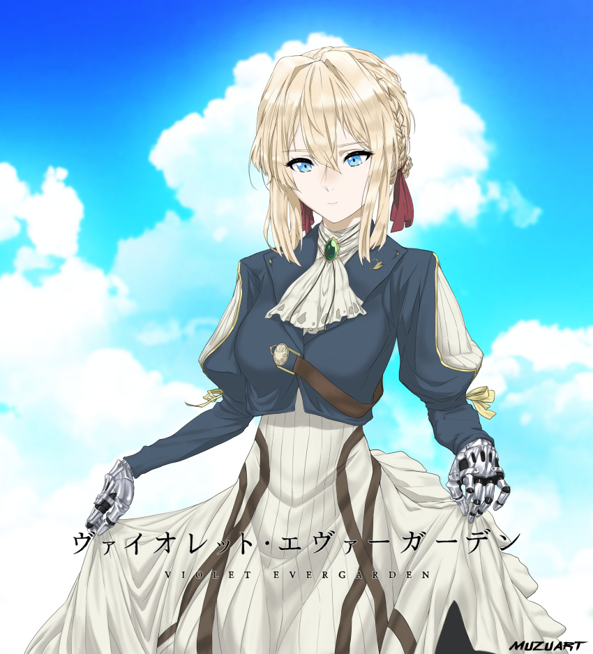 1girl absurdres artist_name blonde_hair blue_eyes blue_sky braid brooch character_name clouds copyright_name cravat curtsey french_braid hair_between_eyes hair_ribbon highres jewelry juliet_sleeves long_sleeves mechanical_hands muzuart petals puffy_sleeves red_ribbon ribbon short_hair skirt sky solo violet_evergarden violet_evergarden_(character)