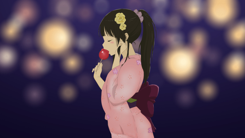 1girl absurdres backlighting candy_apple chitanda_eru food highres hyouka japanese_clothes kimono long_hair standing summer yukata