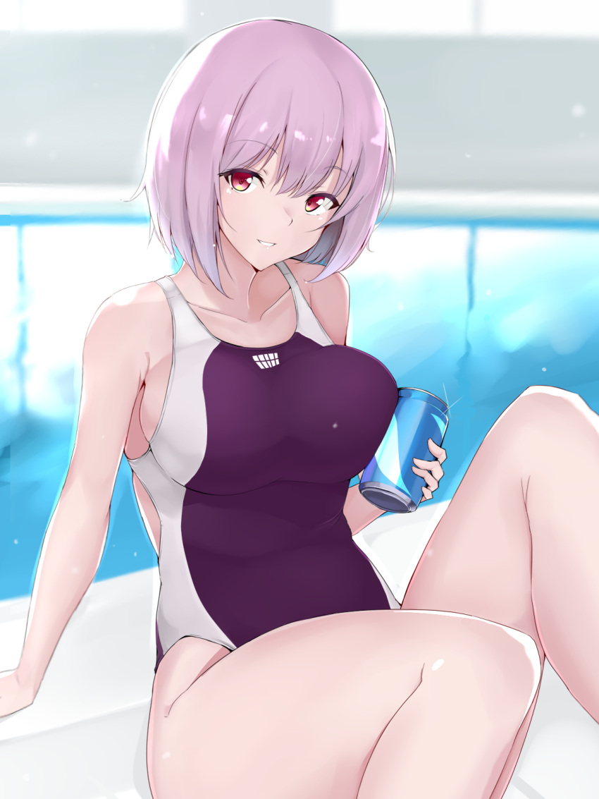 1girl breasts can competition_swimsuit highres indoors large_breasts lavender_hair looking_at_viewer maruya1006 one-piece_swimsuit parted_lips pool purple_swimsuit red_eyes shinjou_akane short_hair sitting smile soda_can solo ssss.gridman swimsuit water