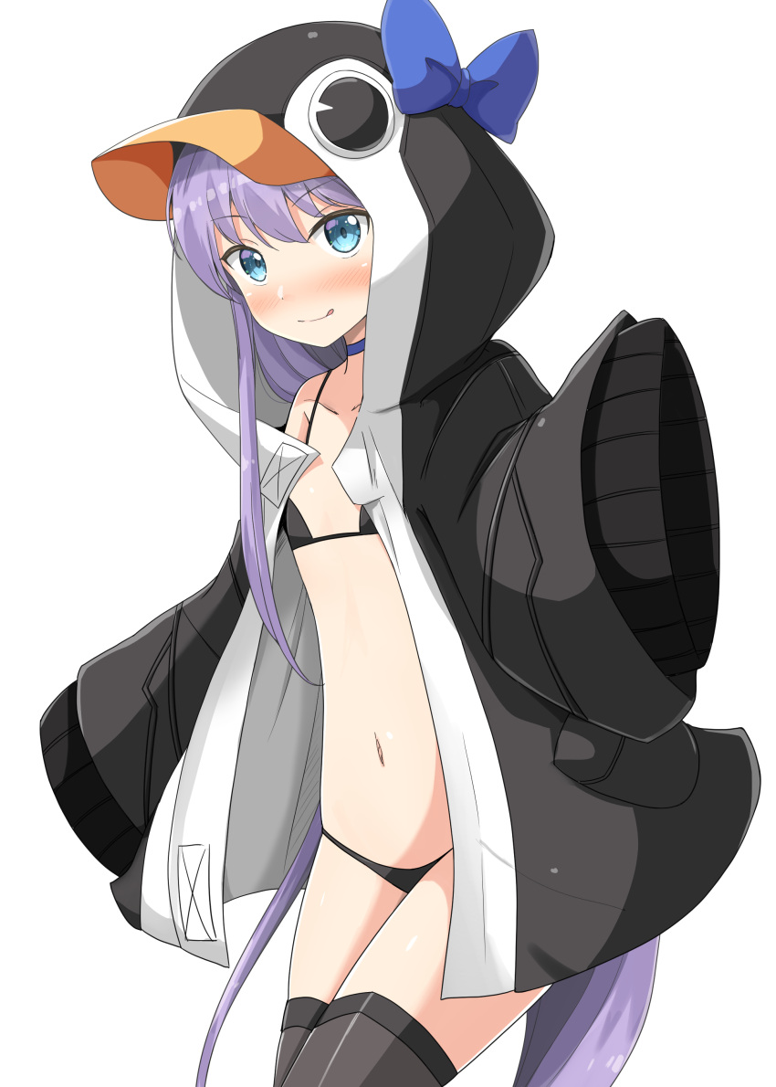 1girl absurdres aikawa_ryou bangs bare_shoulders bikini black_bikini black_legwear blue_bow blue_choker blue_eyes blush bow choker closed_mouth collarbone commentary_request eyebrows_visible_through_hair fate/grand_order fate_(series) flat_chest hair_between_eyes highres hood long_hair long_sleeves looking_at_viewer meltryllis_(swimsuit_lancer)_(fate) purple_hair sleeves_past_fingers sleeves_past_wrists smile solo swimsuit thigh-highs tongue tongue_out very_long_hair white_background wide_sleeves