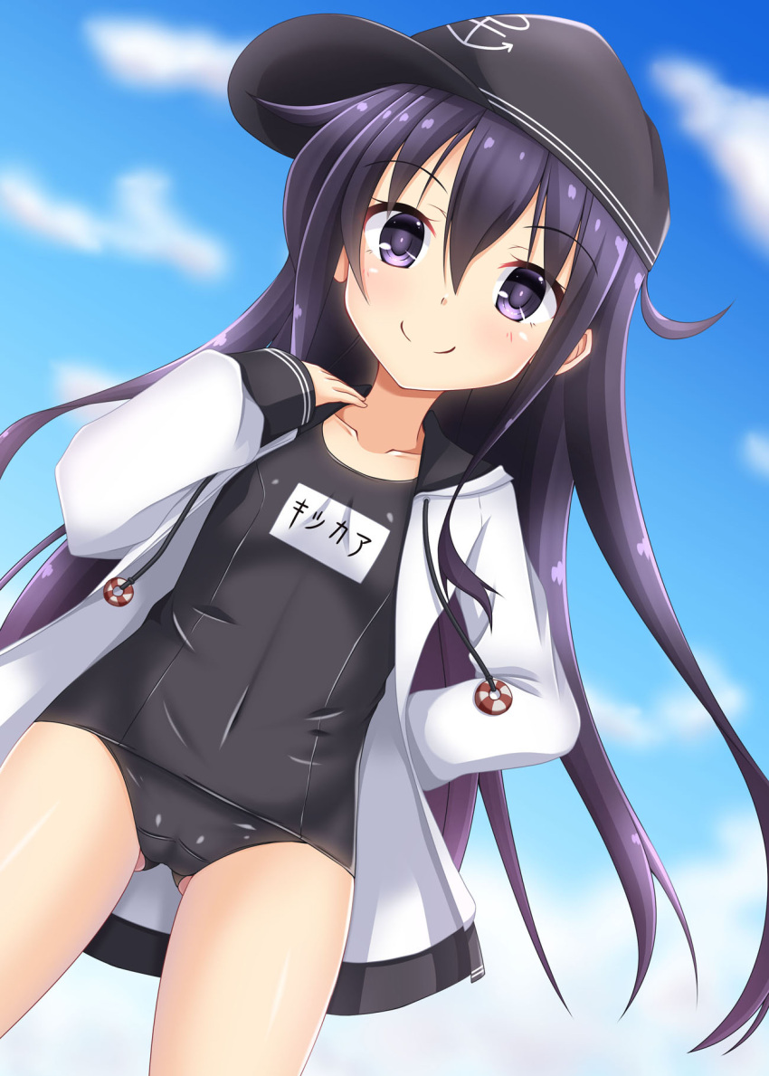 1girl akatsuki_(kantai_collection) anchor anchor_symbol ass_visible_through_thighs blue_swimsuit blush clouds cloudy_sky collarbone cosplay covered_navel cowboy_shot eyebrows_visible_through_hair flat_cap flat_chest hair_between_eyes hat highres hood hooded_jacket ichininmae_no_lady jacket kantai_collection long_hair long_sleeves looking_at_viewer messy_hair name_tag old_school_swimsuit one-piece_swimsuit open_clothes open_jacket outdoors purple_hair school_swimsuit sky smile solo standing swimsuit swimsuit_under_clothes violet_eyes white_jacket yukikaze_(kantai_collection) yukikaze_(kantai_collection)_(cosplay) yuuki_miyabi