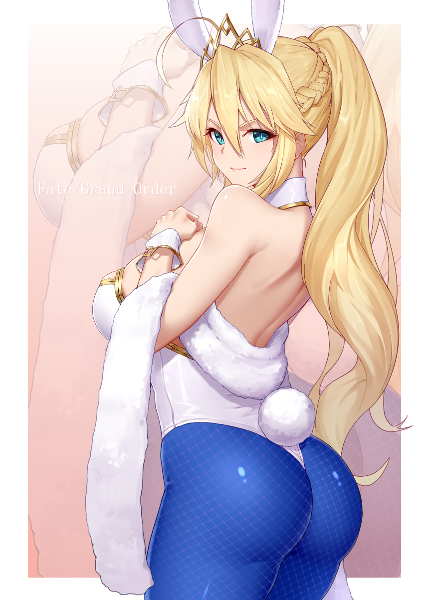 1girl absurdres ahoge animal_ears artoria_pendragon_(swimsuit_ruler)_(fate) ass bangs bare_shoulders blonde_hair blue_legwear braid breasts bunny_girl bunny_tail bunnysuit closed_mouth copyright_name cowboy_shot eyebrows_visible_through_hair fake_animal_ears fake_tail fate/grand_order fate_(series) french_braid from_side hair_between_eyes hand_on_own_chest highres large_breasts leotard long_hair looking_at_viewer looking_to_the_side pantyhose phil ponytail rabbit_ears sidelocks skindentation smile solo tail tiara towel white_leotard wristband zoom_layer