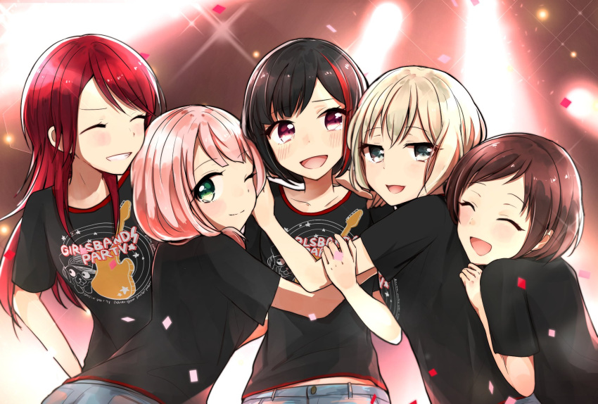 5girls :d ;) ^_^ afterglow aoba_moca aqua_eyes bang_dream! bangs black_hair black_shirt blush bob_cut brown_hair closed_eyes clothes_writing confetti diffraction_spikes grey_hair grin group_picture hazawa_tsugumi highres hug long_hair looking_at_viewer mitake_ran multicolored_hair multiple_girls one_eye_closed open_mouth pink_hair print_shirt redhead semikaskas shirt short_hair short_sleeves smile streaked_hair t-shirt udagawa_tomoe uehara_himari upper_body violet_eyes