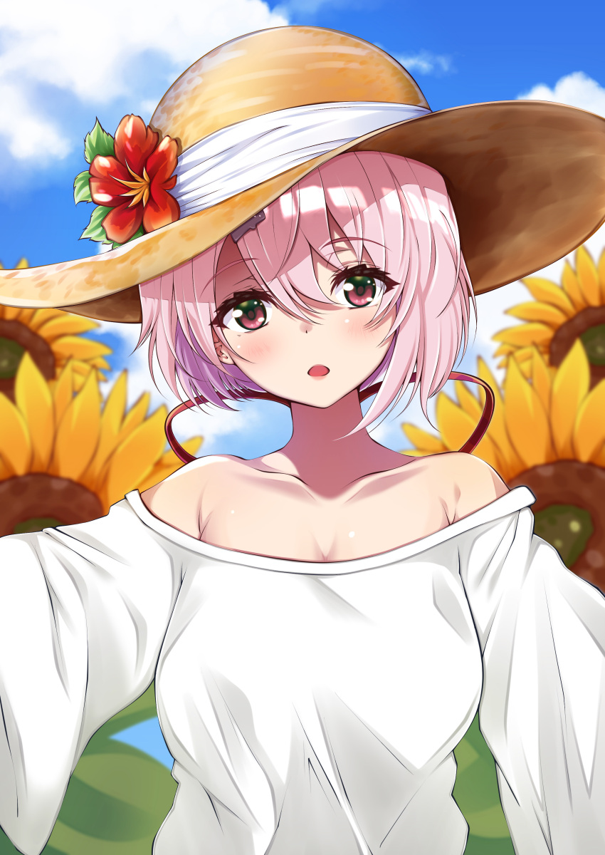 1girl :o absurdres bangs bare_shoulders blush breasts brown_eyes collarbone commentary_request eyebrows_visible_through_hair flower hair_between_eyes hair_ornament hairclip hat hat_flower highres kazanock large_breasts looking_at_viewer nijisanji pink_hair red_flower shiina_yuika shirt short_hair solo sun_hat sunflower upper_body virtual_youtuber white_shirt